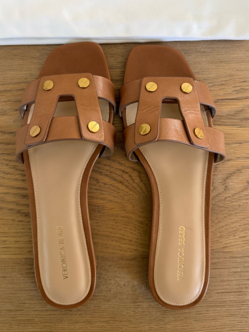 VERONICA BEARD Via Slide Leather Sandals Honey Tan Size 7.5 with Box Dust Bag - Picture 1 of 5